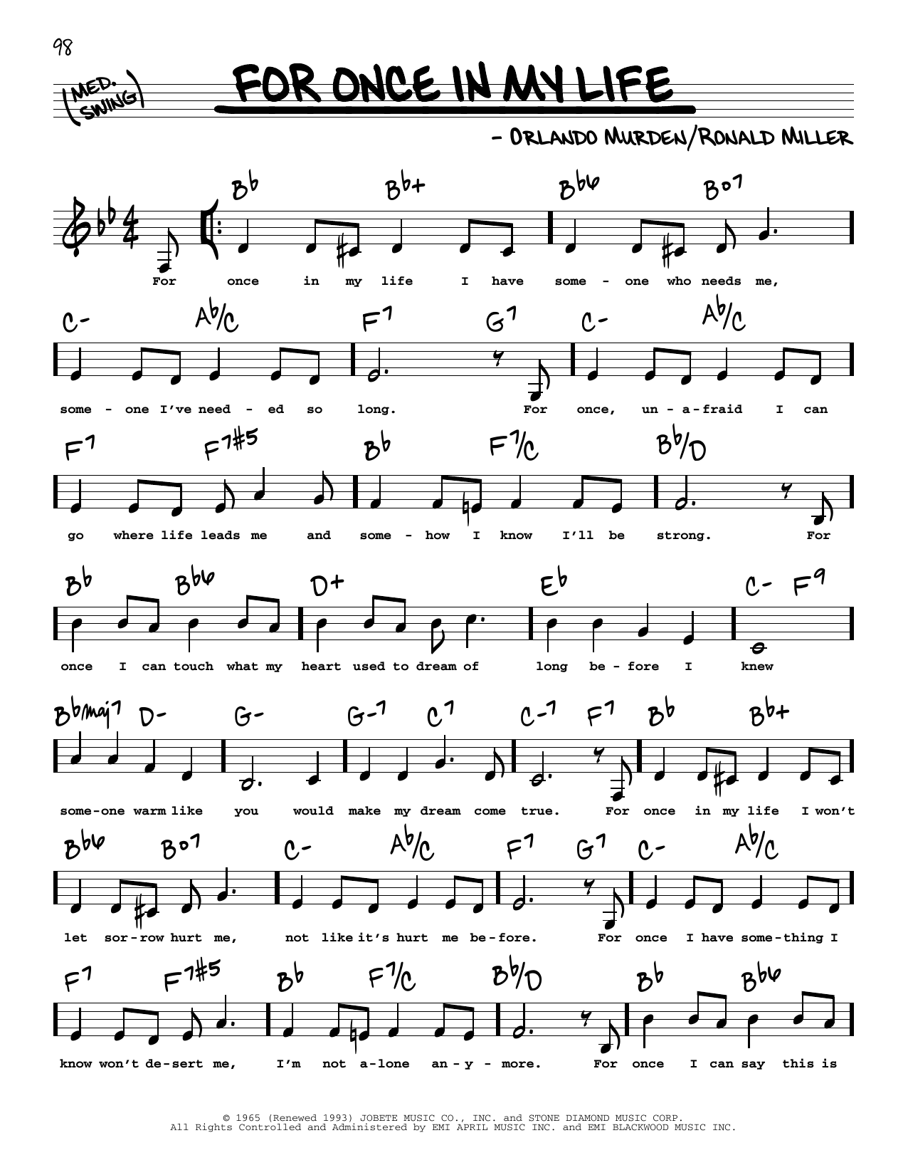 Download Stevie Wonder For Once In My Life (Low Voice) Sheet Music and learn how to play Real Book – Melody, Lyrics & Chords PDF digital score in minutes