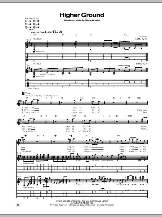 Download Stevie Wonder Higher Ground Sheet Music and learn how to play Easy Guitar Tab PDF digital score in minutes
