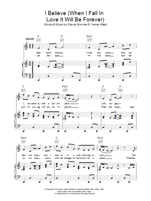 Download Stevie Wonder I Believe (When I Fall In Love It Will Be Forever) Sheet Music and learn how to play Piano, Vocal & Guitar (Right-Hand Melody) PDF digital score in minutes