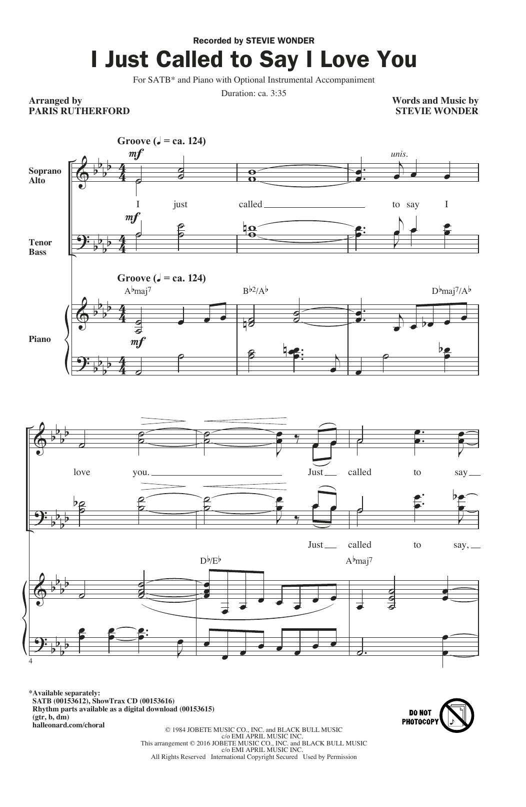 Download Paris Rutherford I Just Called To Say I Love You Sheet Music and learn how to play SATB PDF digital score in minutes