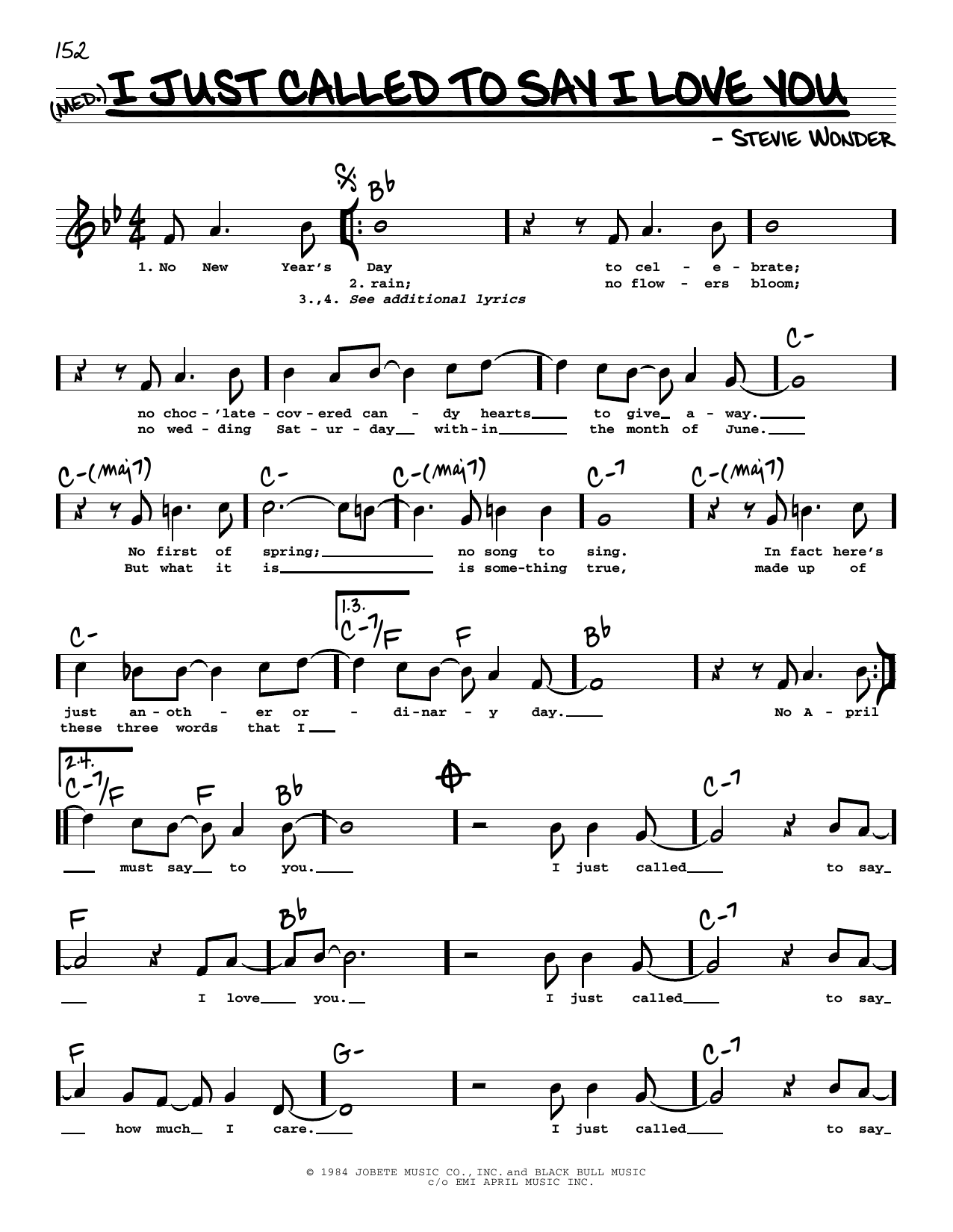 Download Stevie Wonder I Just Called To Say I Love You (High Voice) Sheet Music and learn how to play Real Book – Melody, Lyrics & Chords PDF digital score in minutes