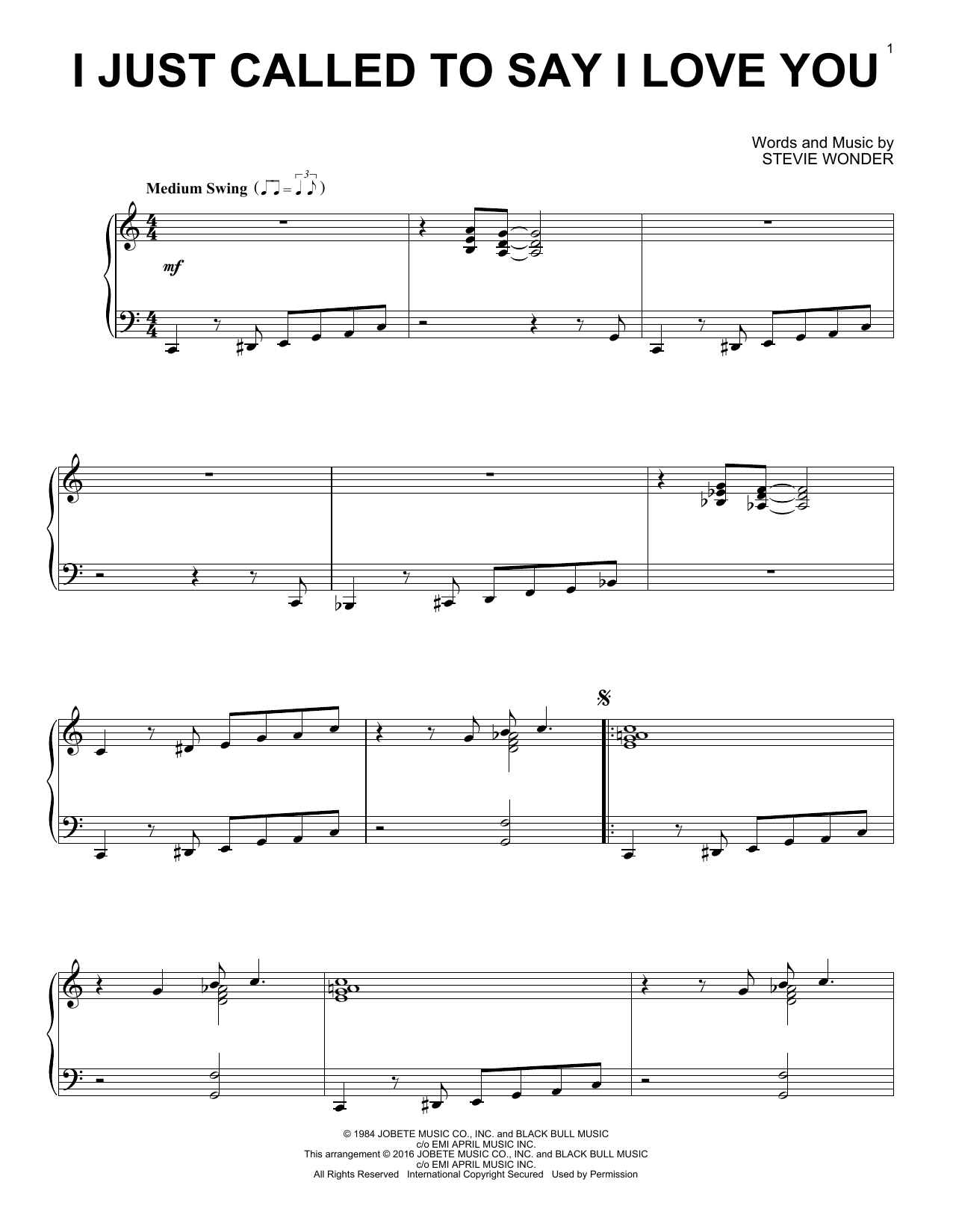 Download Stevie Wonder I Just Called To Say I Love You Sheet Music and learn how to play Piano PDF digital score in minutes