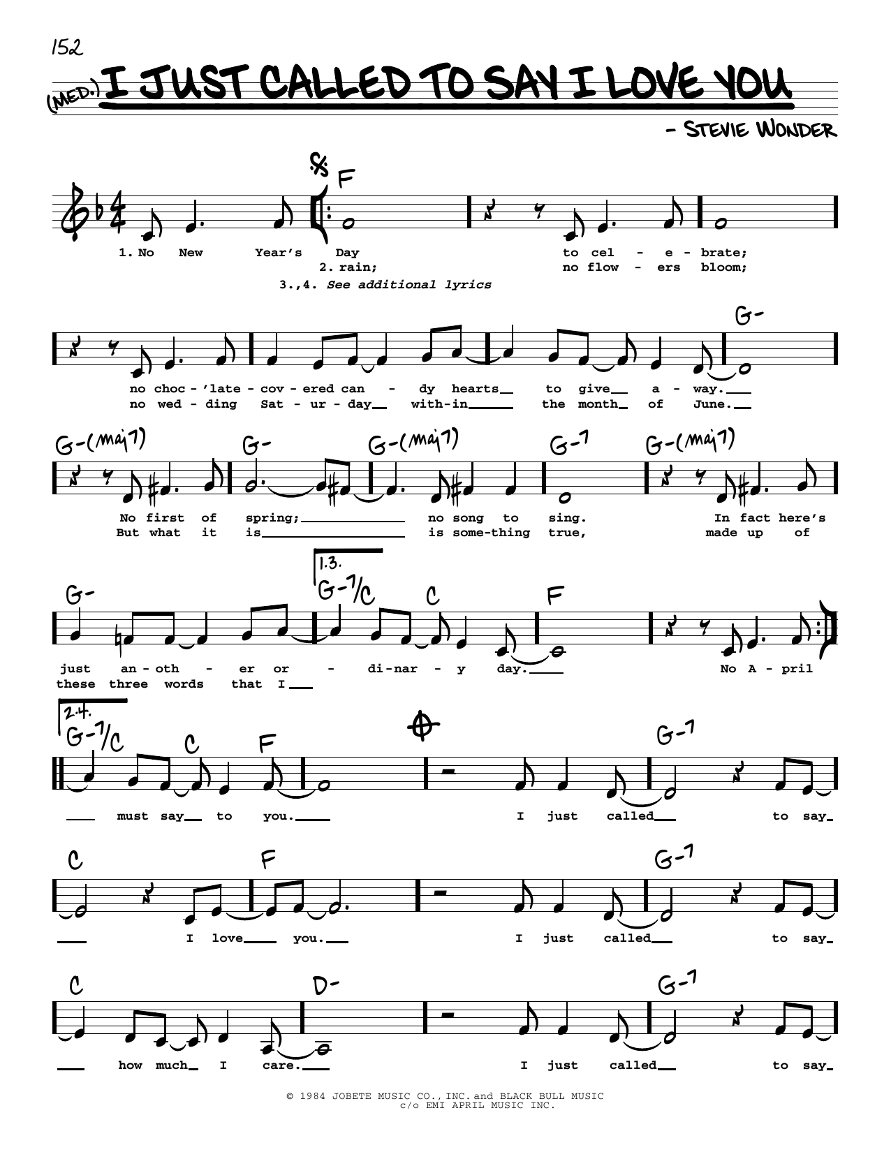 Download Stevie Wonder I Just Called To Say I Love You (Low Voice) Sheet Music and learn how to play Real Book – Melody, Lyrics & Chords PDF digital score in minutes