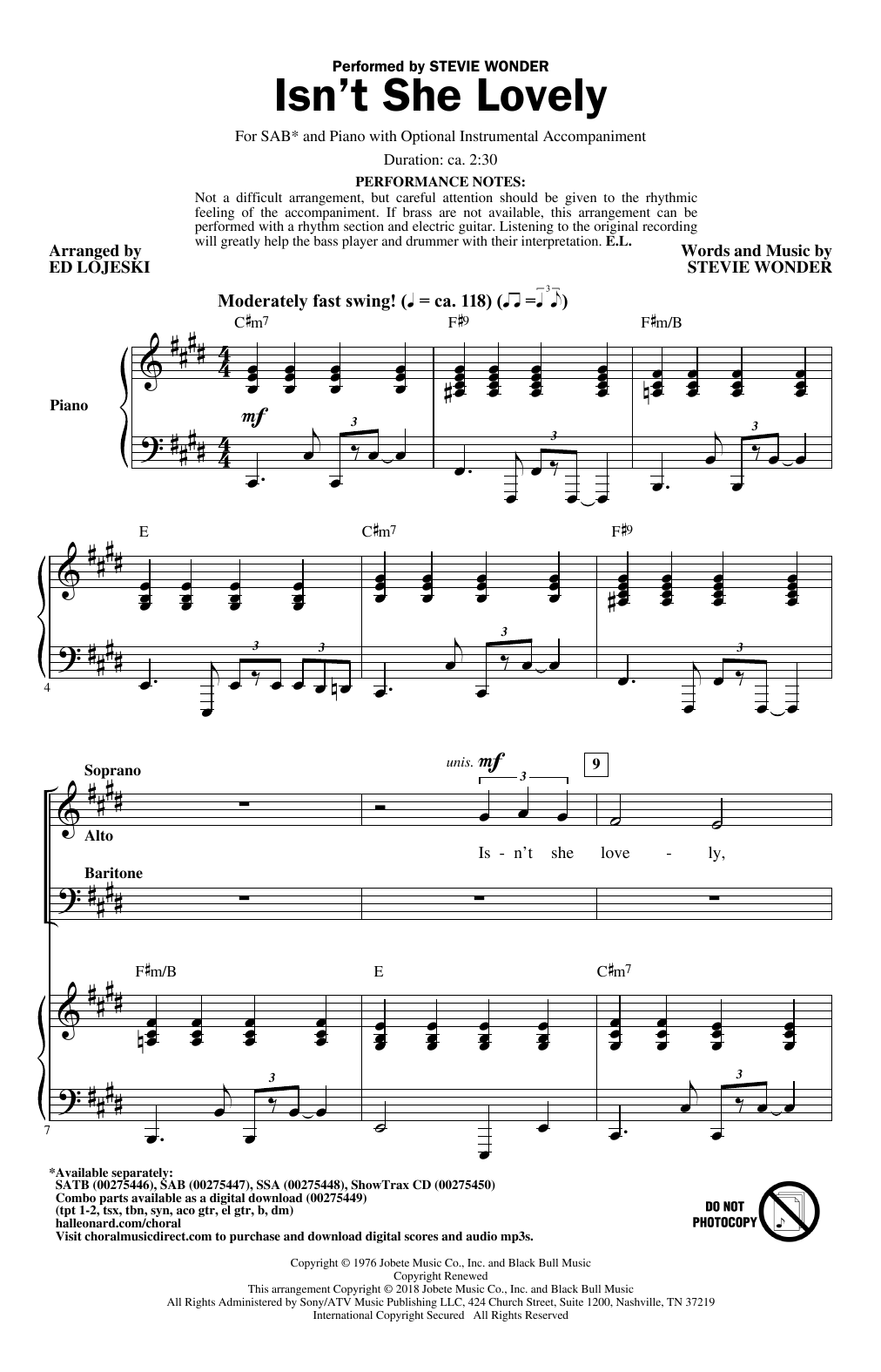 Download Stevie Wonder Isn't She Lovely (arr. Ed Lojeski) Sheet Music and learn how to play SATB Choir PDF digital score in minutes