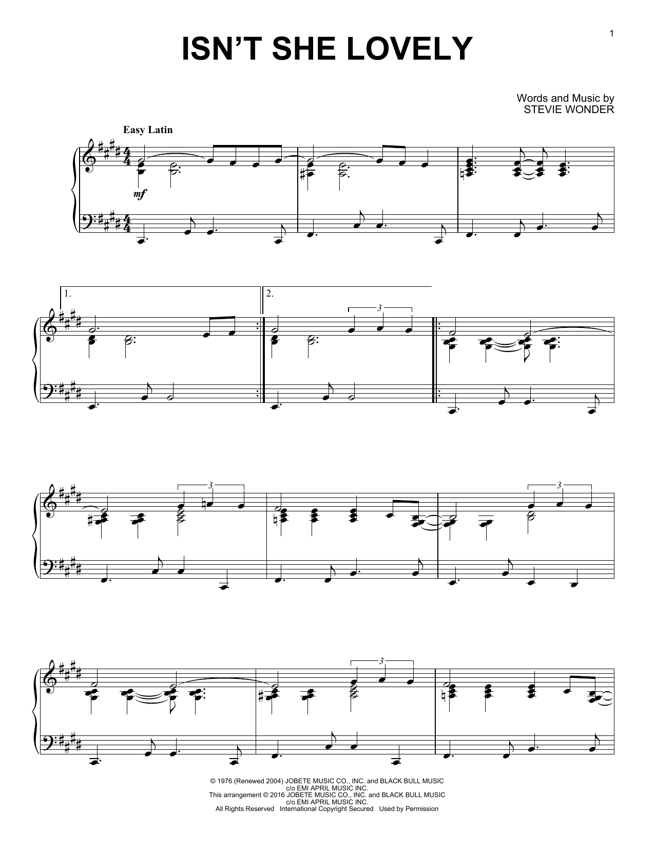 Download Stevie Wonder Isn't She Lovely Sheet Music and learn how to play Piano PDF digital score in minutes