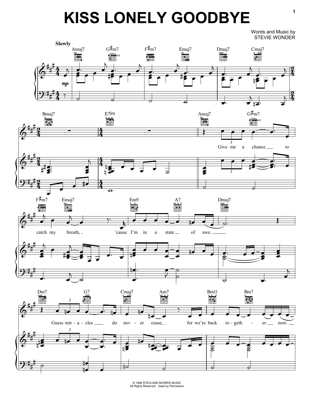 Download Stevie Wonder Kiss Lonely Goodbye Sheet Music and learn how to play Piano, Vocal & Guitar Chords (Right-Hand Melody) PDF digital score in minutes