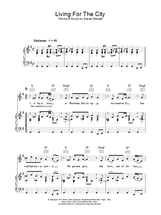 Download Stevie Wonder Living For The City Sheet Music and learn how to play Piano, Vocal & Guitar (Right-Hand Melody) PDF digital score in minutes