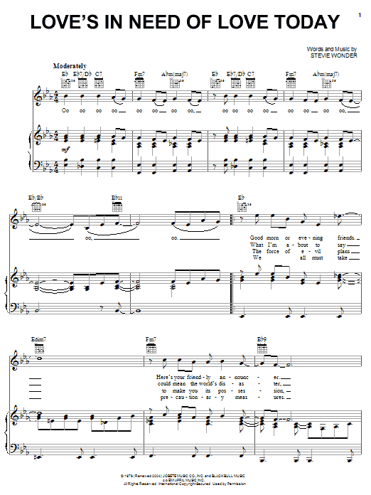 Download Stevie Wonder Love's In Need Of Love Today Sheet Music and learn how to play Piano, Vocal & Guitar (Right-Hand Melody) PDF digital score in minutes