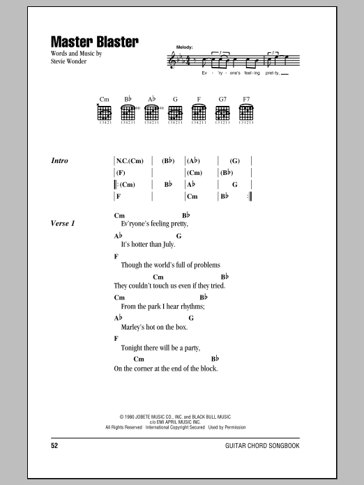 Download Stevie Wonder Master Blaster Sheet Music and learn how to play Piano, Vocal & Guitar Chords (Right-Hand Melody) PDF digital score in minutes