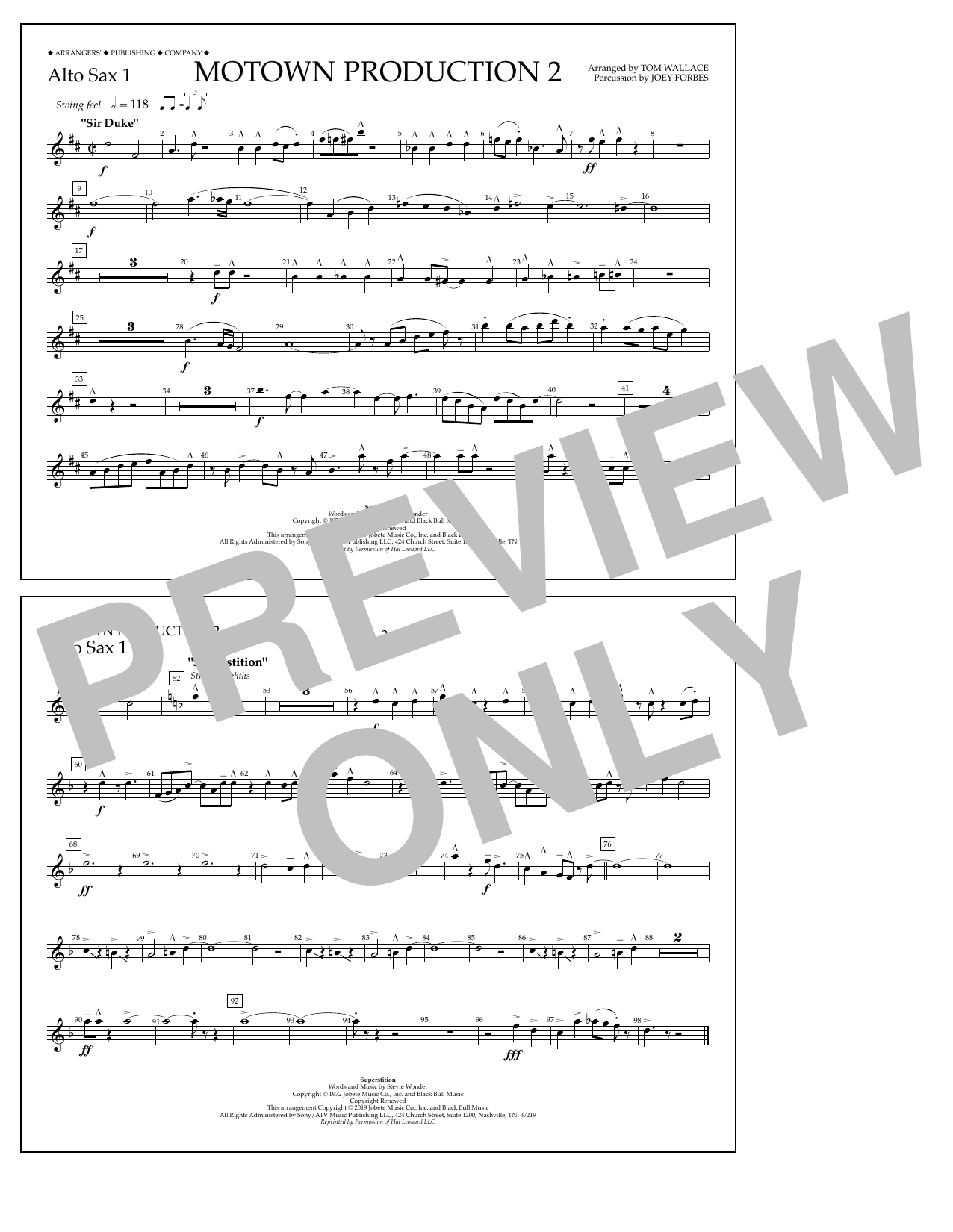 Download Stevie Wonder Motown Production 2 (arr. Tom Wallace) - Alto Sax 1 Sheet Music and learn how to play Marching Band PDF digital score in minutes