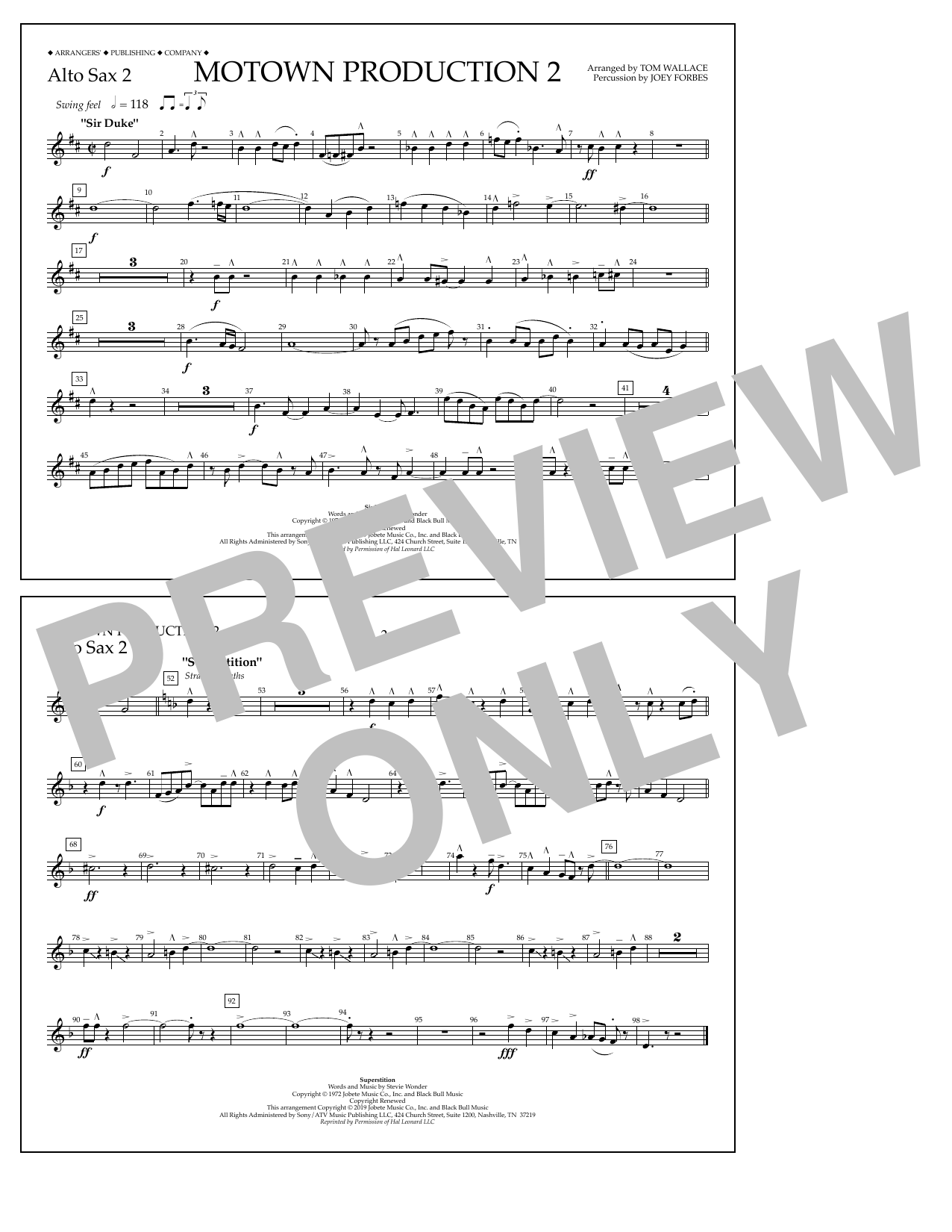 Download Stevie Wonder Motown Production 2 (arr. Tom Wallace) - Alto Sax 2 Sheet Music and learn how to play Marching Band PDF digital score in minutes