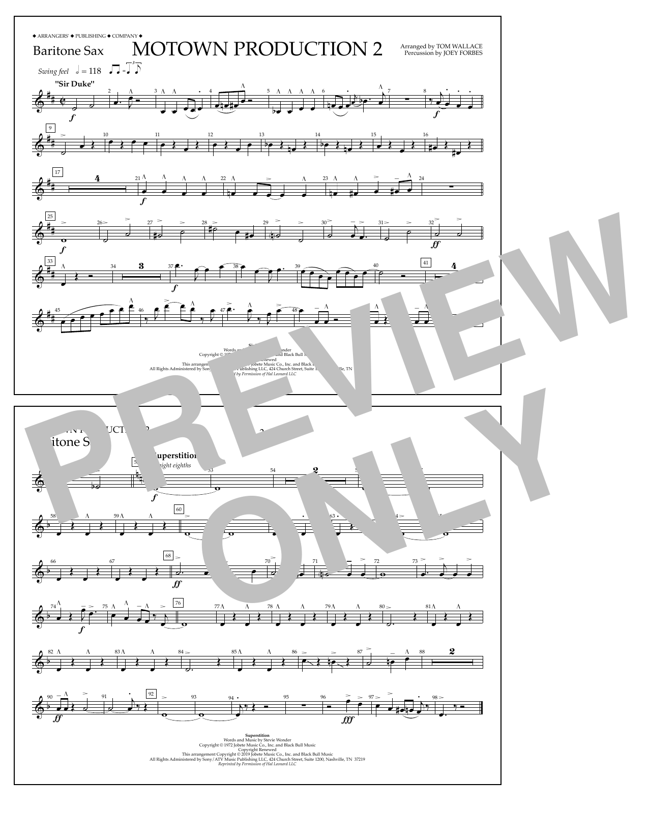 Download Stevie Wonder Motown Production 2 (arr. Tom Wallace) - Baritone Sax Sheet Music and learn how to play Marching Band PDF digital score in minutes