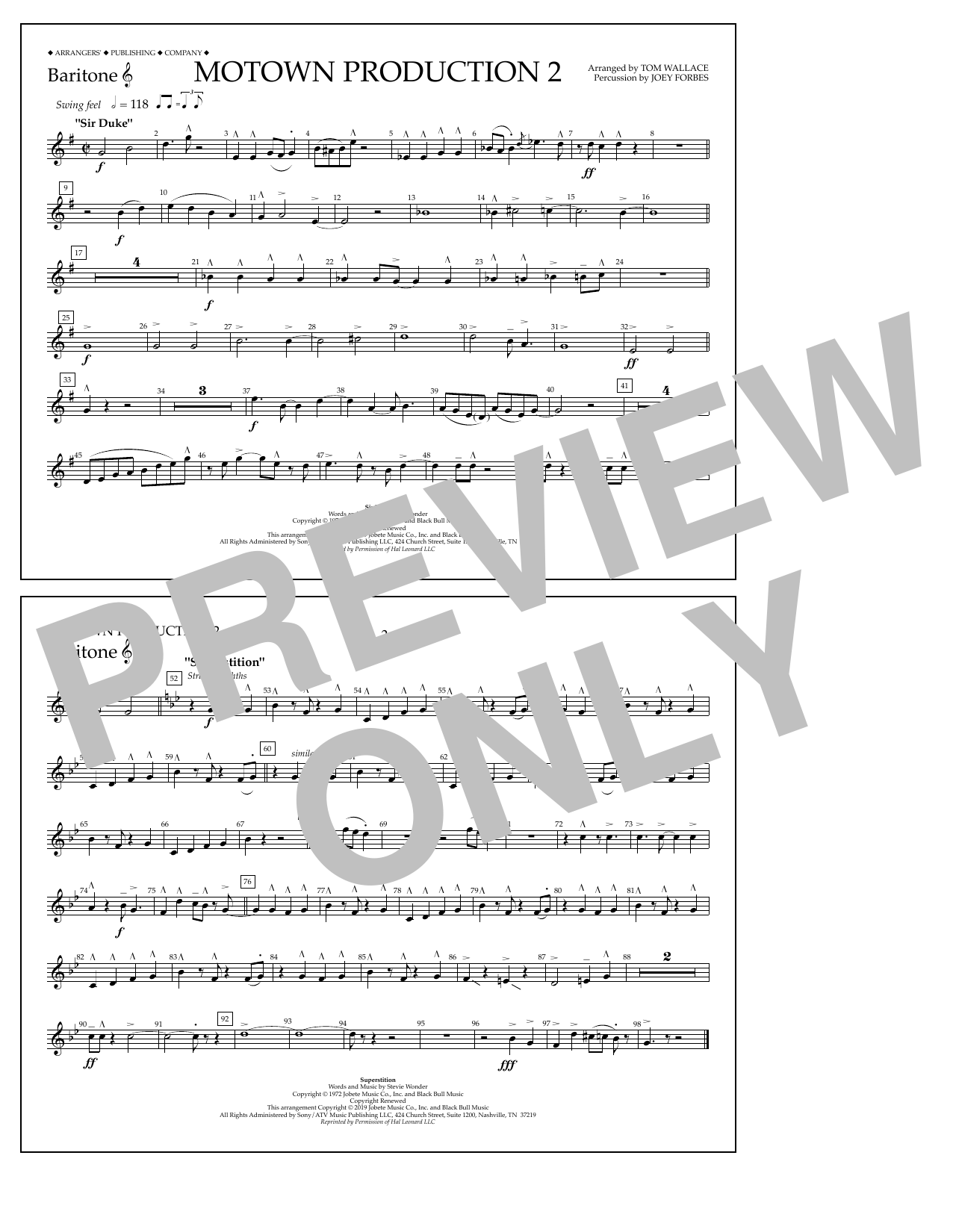 Download Stevie Wonder Motown Production 2 (arr. Tom Wallace) - Baritone T.C. Sheet Music and learn how to play Marching Band PDF digital score in minutes