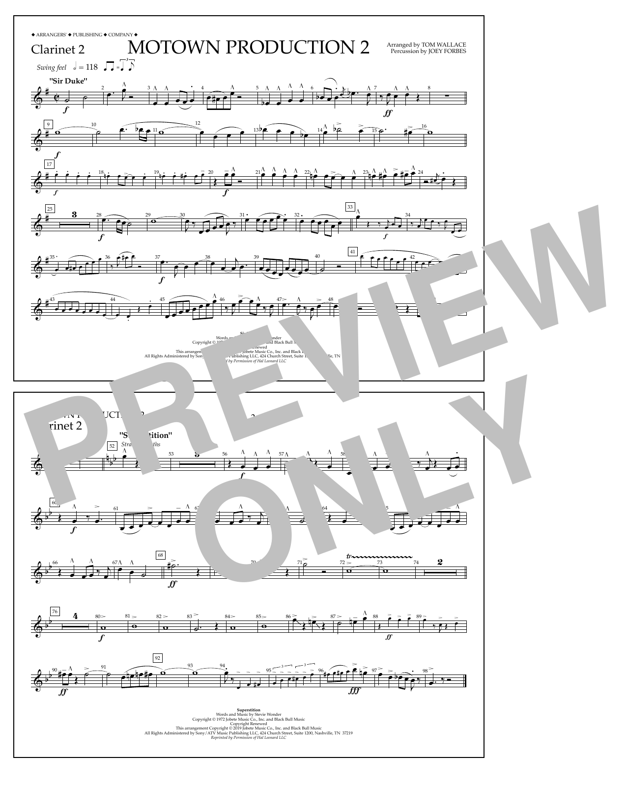 Download Stevie Wonder Motown Production 2 (arr. Tom Wallace) - Clarinet 2 Sheet Music and learn how to play Marching Band PDF digital score in minutes
