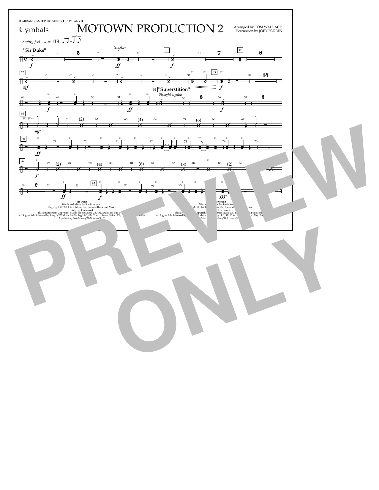 Download Stevie Wonder Motown Production 2 (arr. Tom Wallace) - Cymbals Sheet Music and learn how to play Marching Band PDF digital score in minutes