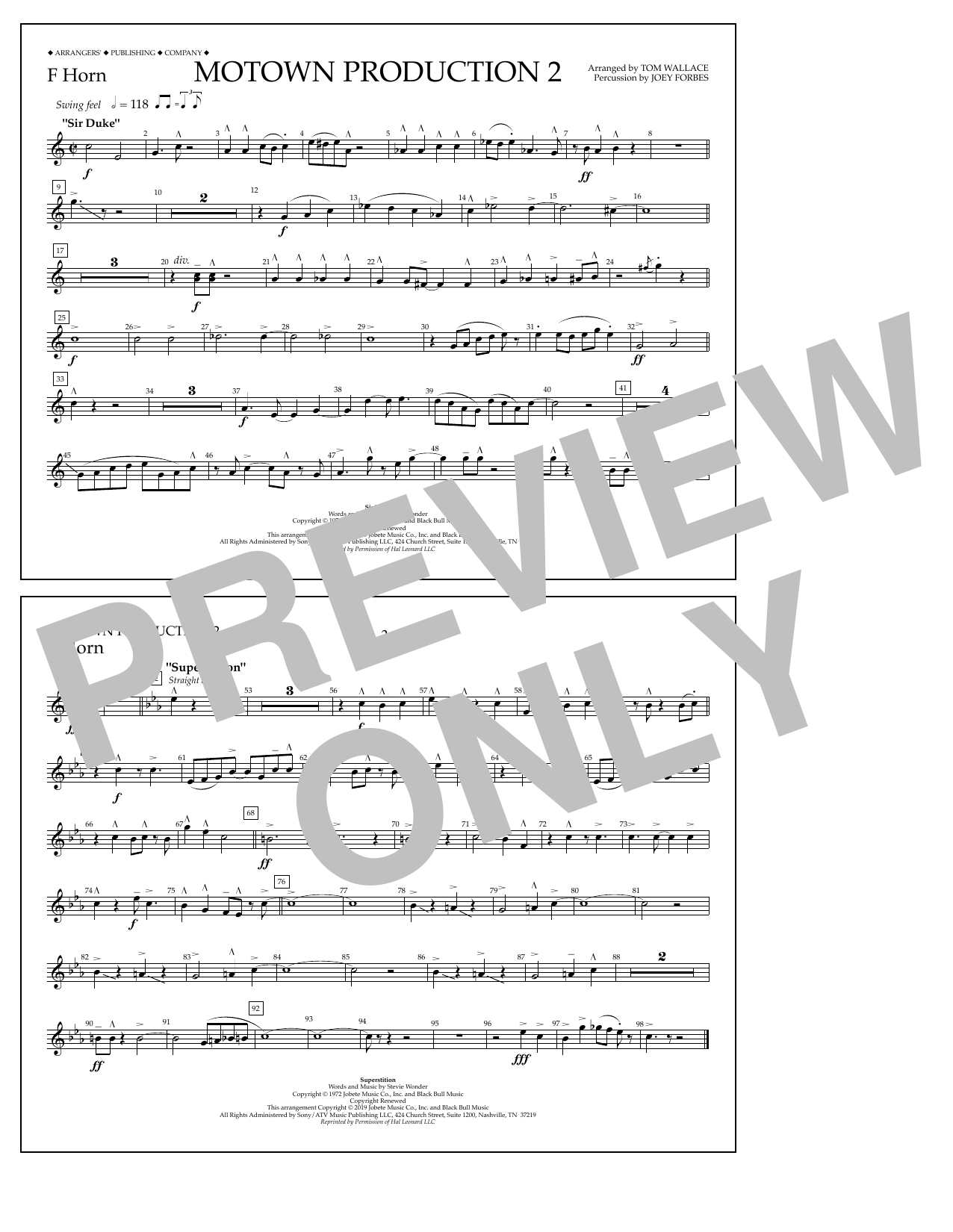 Download Stevie Wonder Motown Production 2 (arr. Tom Wallace) - F Horn Sheet Music and learn how to play Marching Band PDF digital score in minutes