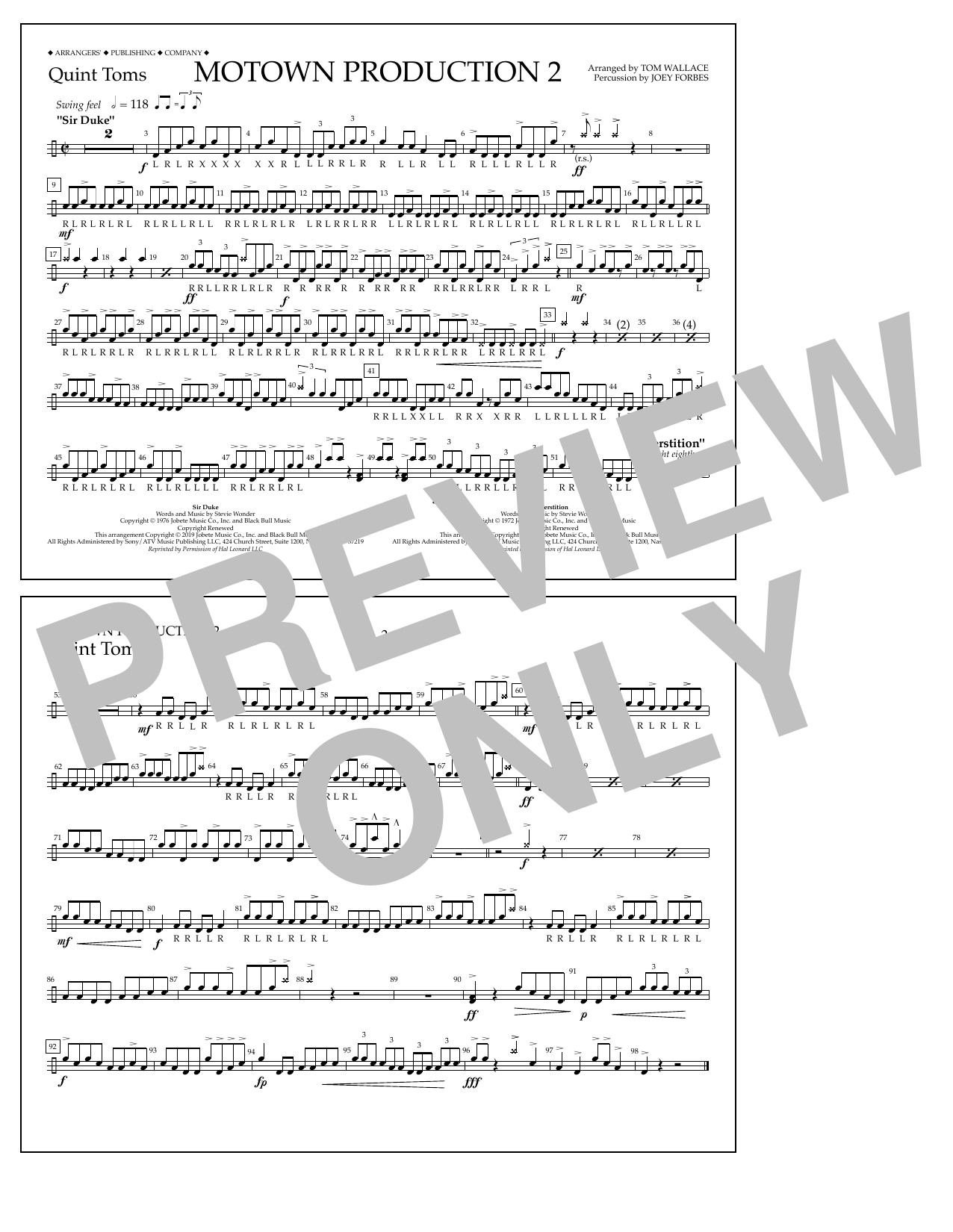 Download Stevie Wonder Motown Production 2 (arr. Tom Wallace) - Quint-Toms Sheet Music and learn how to play Marching Band PDF digital score in minutes