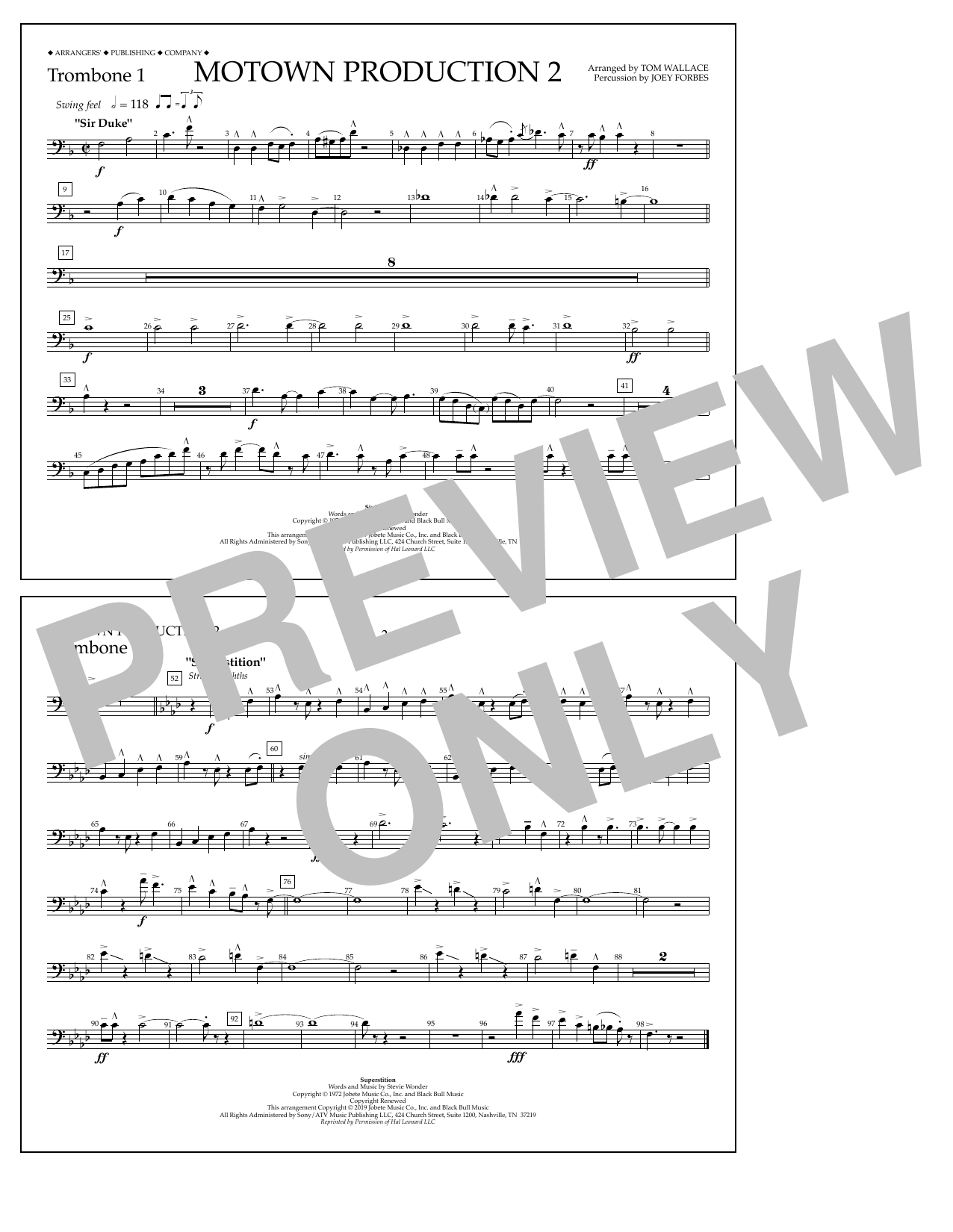 Download Stevie Wonder Motown Production 2 (arr. Tom Wallace) - Trombone 1 Sheet Music and learn how to play Marching Band PDF digital score in minutes