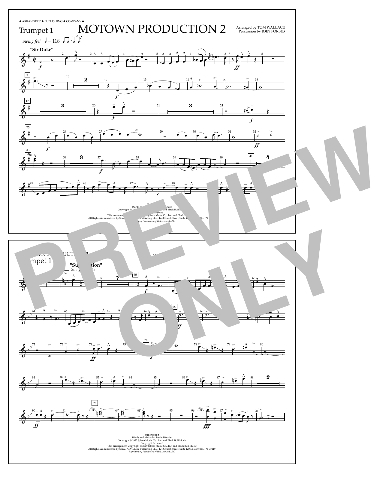 Download Stevie Wonder Motown Production 2 (arr. Tom Wallace) - Trumpet 1 Sheet Music and learn how to play Marching Band PDF digital score in minutes