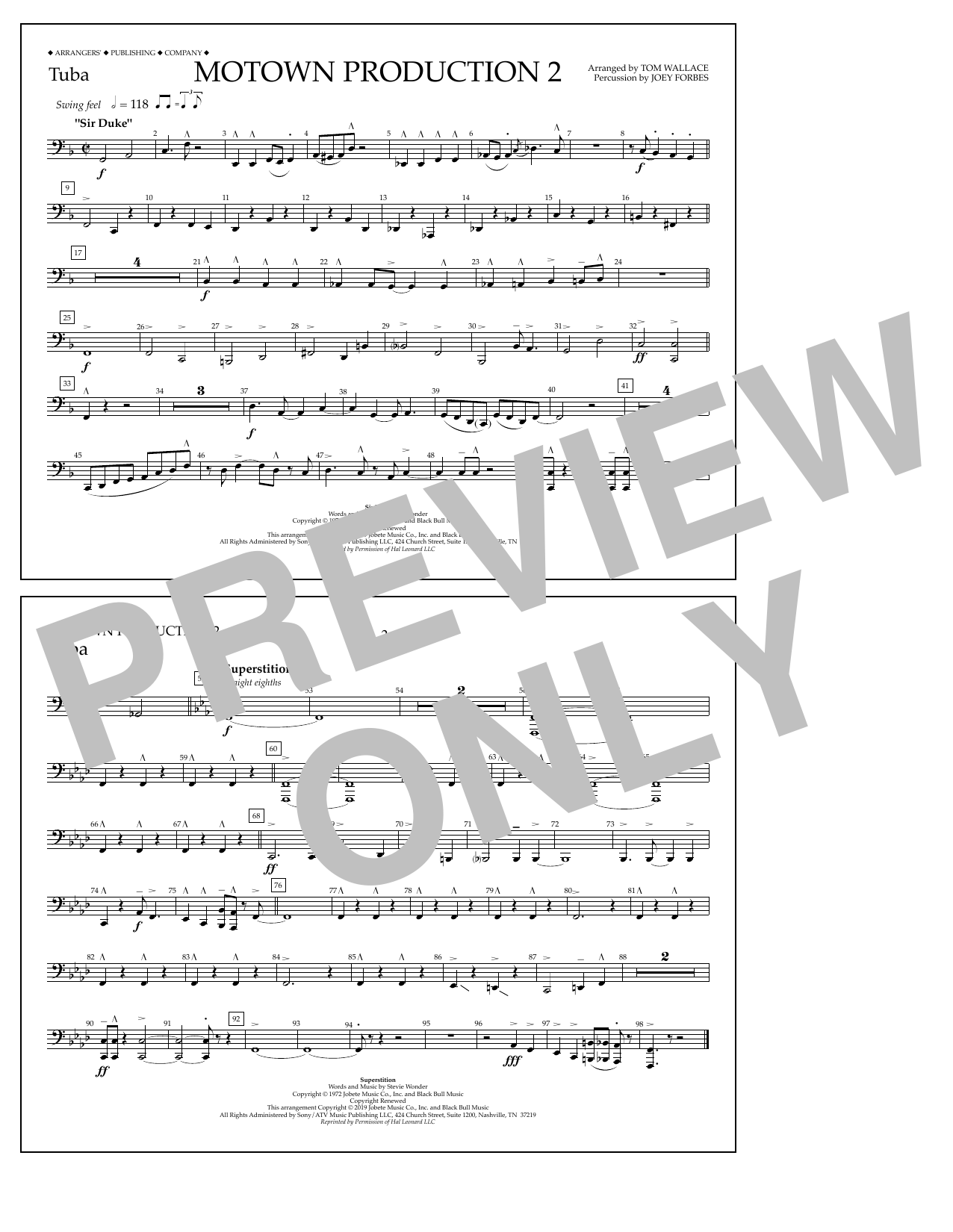 Download Stevie Wonder Motown Production 2 (arr. Tom Wallace) - Tuba Sheet Music and learn how to play Marching Band PDF digital score in minutes
