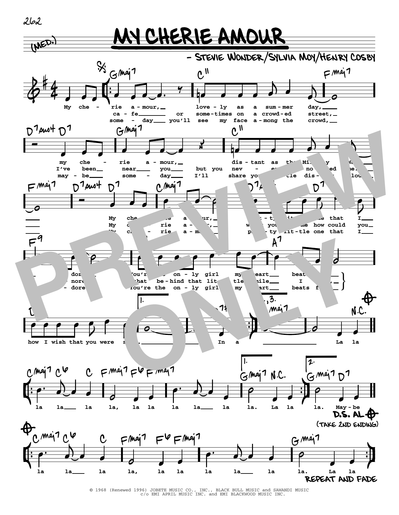 Download Stevie Wonder My Cherie Amour (High Voice) Sheet Music and learn how to play Real Book – Melody, Lyrics & Chords PDF digital score in minutes