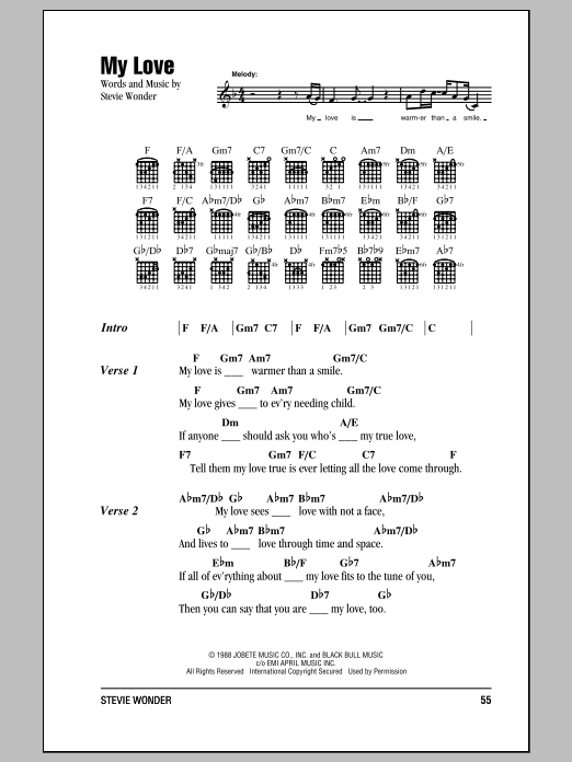 Download Stevie Wonder My Love Sheet Music and learn how to play Lyrics & Chords PDF digital score in minutes