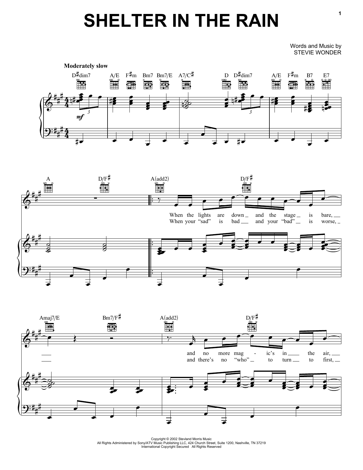 Download Stevie Wonder Shelter In The Rain Sheet Music and learn how to play Piano, Vocal & Guitar Chords (Right-Hand Melody) PDF digital score in minutes