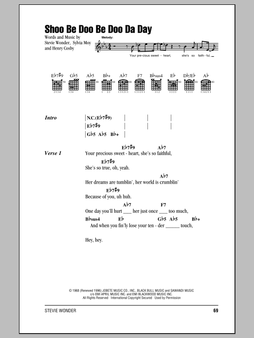 Download Stevie Wonder Shoo Be Doo Be Doo Da Day Sheet Music and learn how to play Piano, Vocal & Guitar Chords (Right-Hand Melody) PDF digital score in minutes