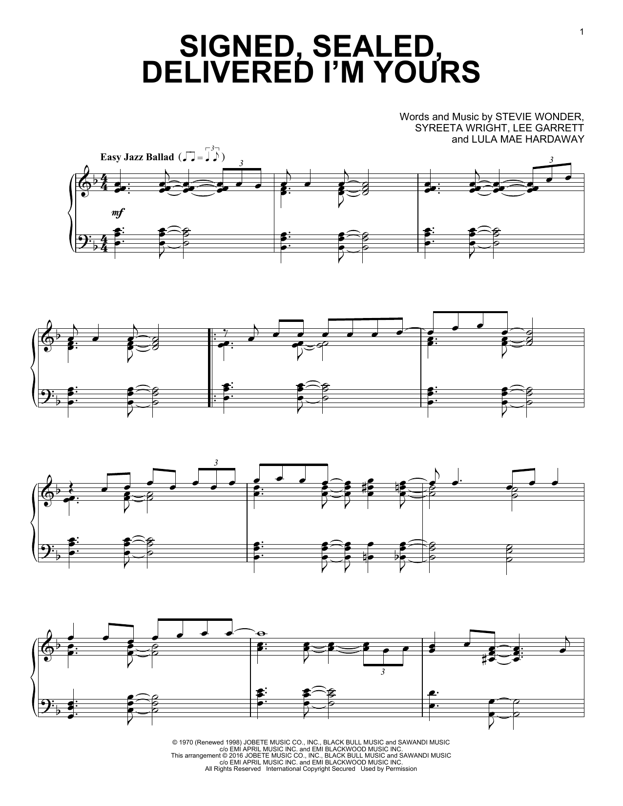 Download Stevie Wonder Signed, Sealed, Delivered I'm Yours Sheet Music and learn how to play Piano PDF digital score in minutes