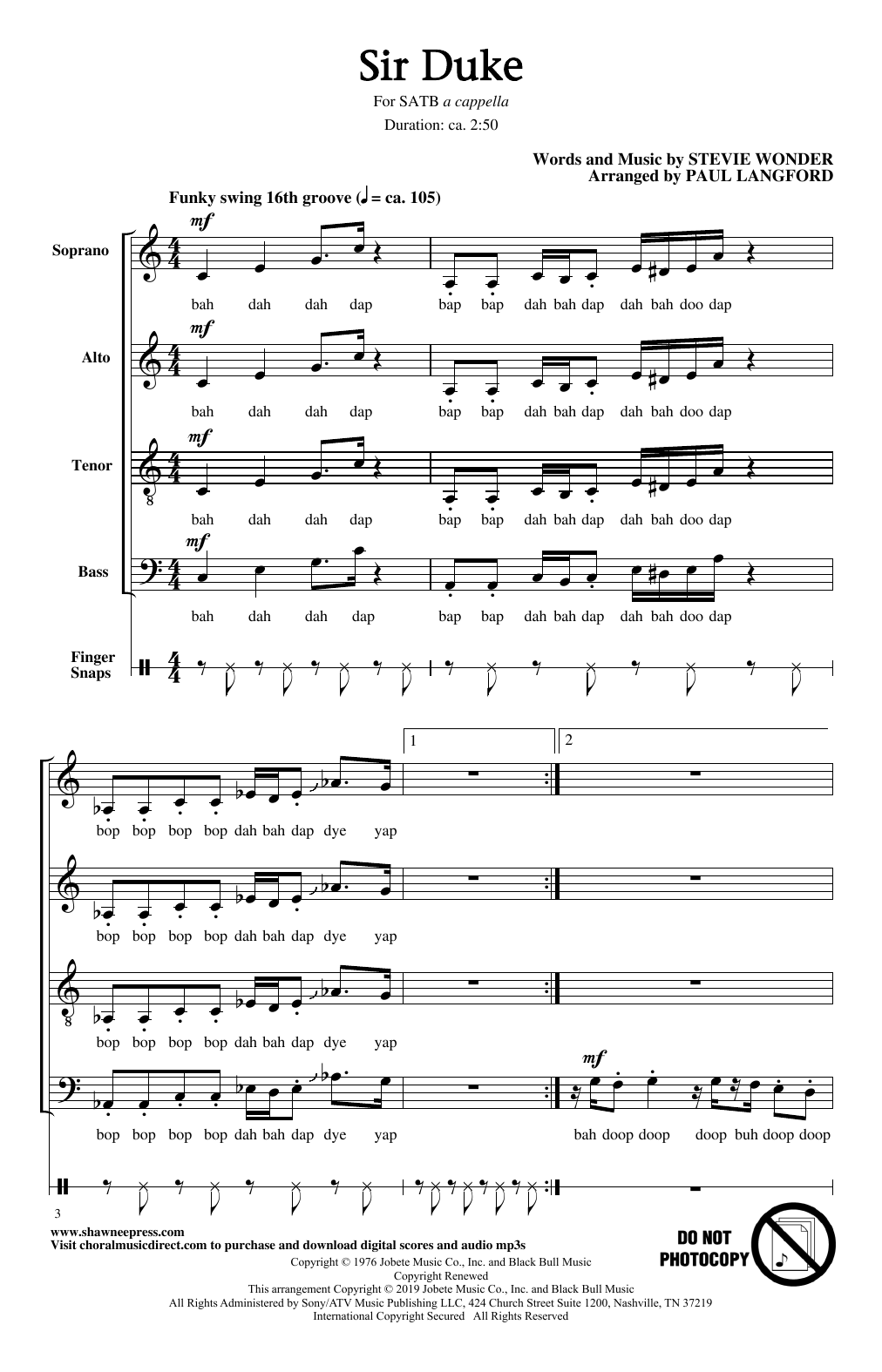 Download Stevie Wonder Sir Duke (arr. Paul Langford) Sheet Music and learn how to play SATB Choir PDF digital score in minutes