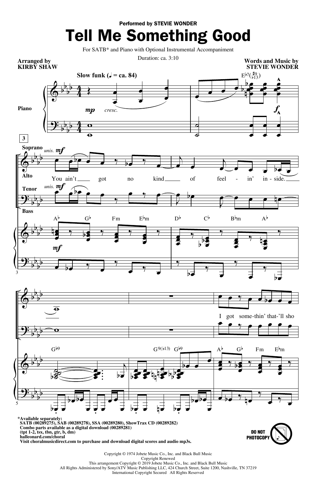 Download Stevie Wonder Tell Me Something Good (arr. Kirby Shaw) Sheet Music and learn how to play SATB Choir PDF digital score in minutes
