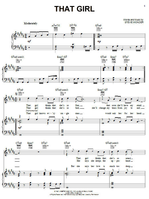 Download Stevie Wonder That Girl Sheet Music and learn how to play Lyrics & Chords PDF digital score in minutes
