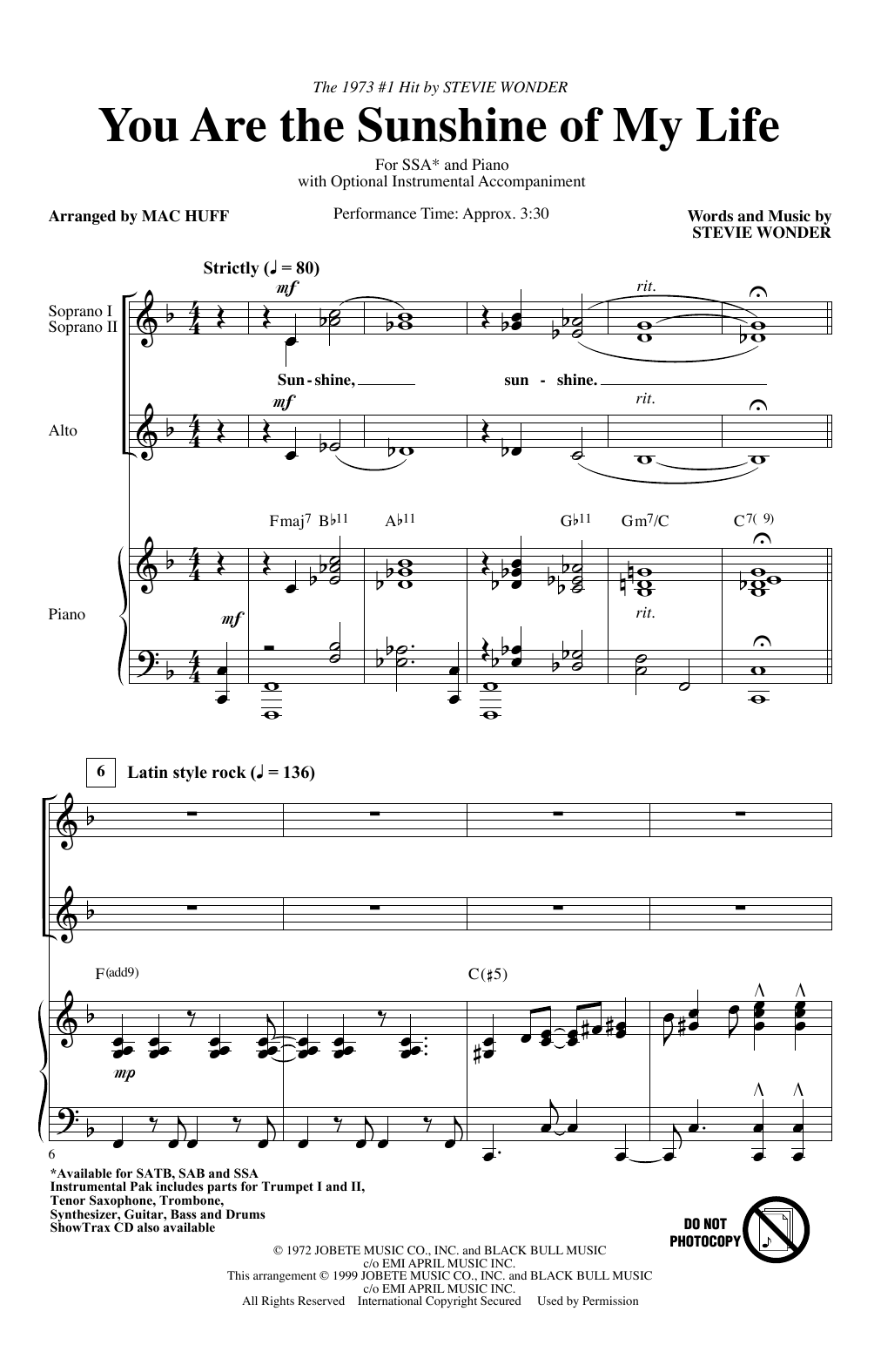 Download Stevie Wonder You Are The Sunshine Of My Life (arr. Mac Huff) Sheet Music and learn how to play SATB Choir PDF digital score in minutes