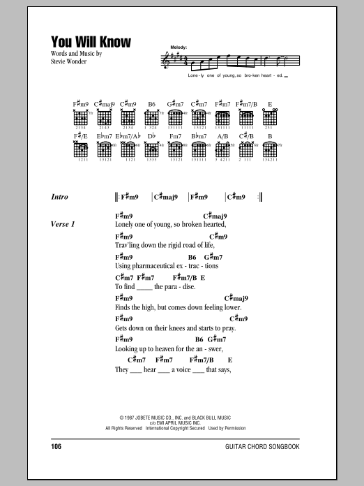 Download Stevie Wonder You Will Know Sheet Music and learn how to play Piano, Vocal & Guitar Chords (Right-Hand Melody) PDF digital score in minutes