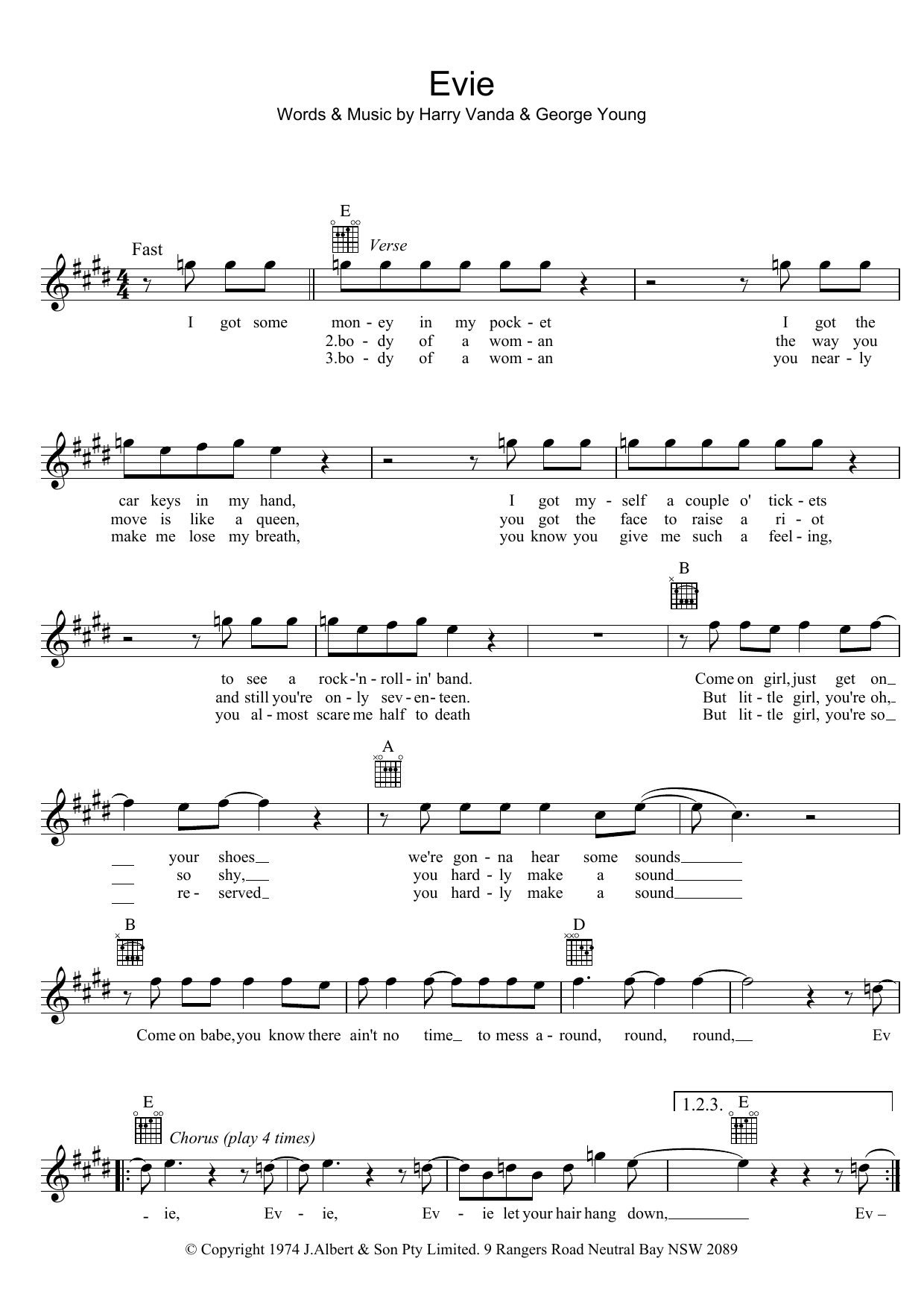 Download Stevie Wright Evie Sheet Music and learn how to play Melody Line, Lyrics & Chords PDF digital score in minutes