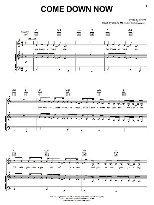 Download Stew Come Down Now Sheet Music and learn how to play Piano, Vocal & Guitar (Right-Hand Melody) PDF digital score in minutes