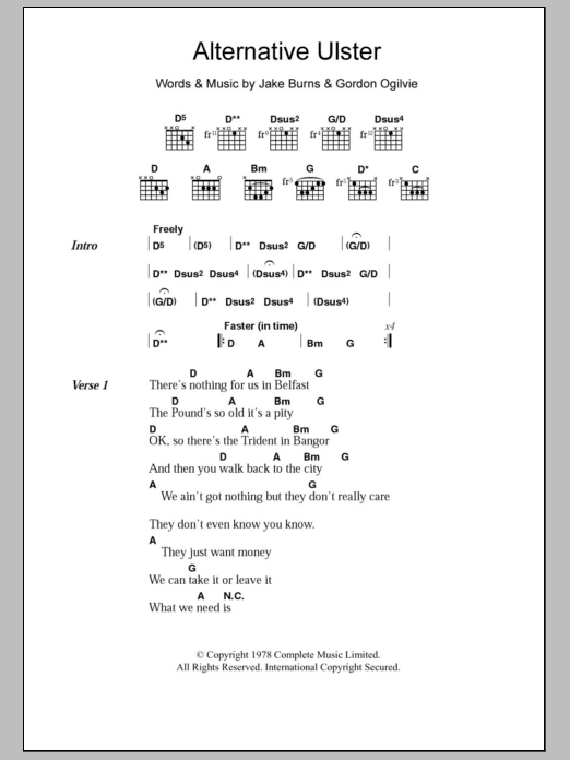 Download Stiff Little Fingers Alternative Ulster Sheet Music and learn how to play Lyrics & Chords PDF digital score in minutes