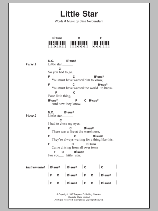 Download Stina Nordenstam Little Star Sheet Music and learn how to play Lyrics & Piano Chords PDF digital score in minutes