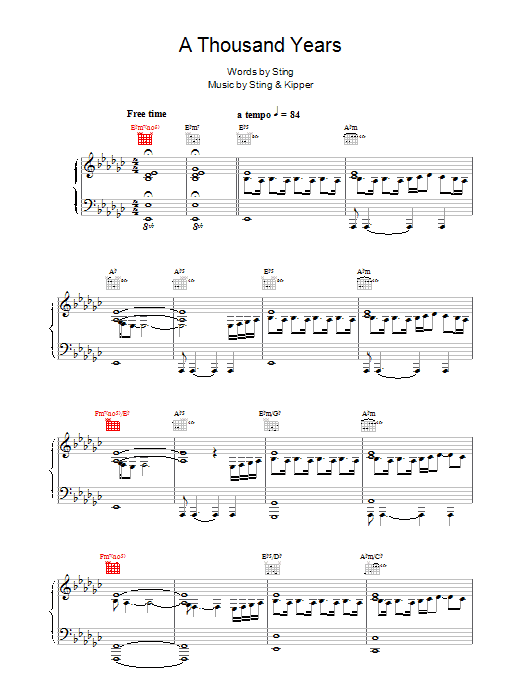 Download Sting A Thousand Years Sheet Music and learn how to play Piano, Vocal & Guitar (Right-Hand Melody) PDF digital score in minutes