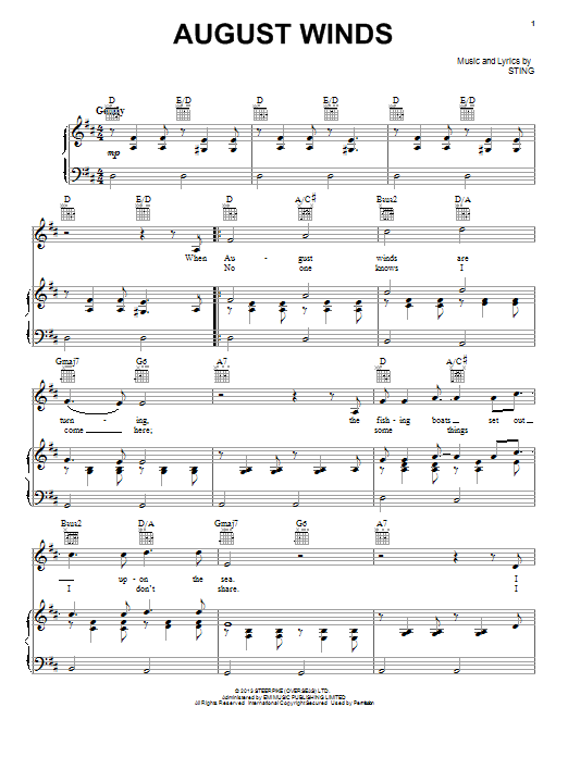 Download Sting August Winds Sheet Music and learn how to play Piano, Vocal & Guitar (Right-Hand Melody) PDF digital score in minutes