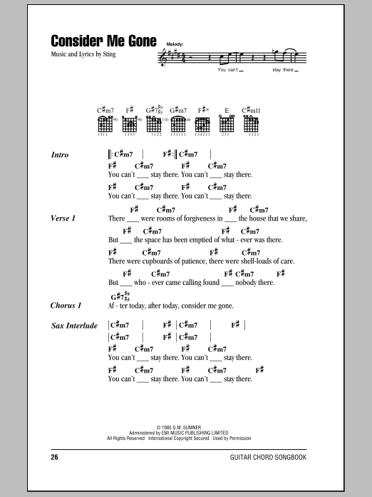 Download Sting Consider Me Gone Sheet Music and learn how to play Piano, Vocal & Guitar (Right-Hand Melody) PDF digital score in minutes