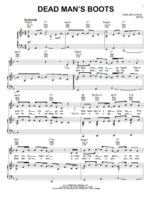 Download Sting Dead Man's Boots Sheet Music and learn how to play Piano, Vocal & Guitar (Right-Hand Melody) PDF digital score in minutes