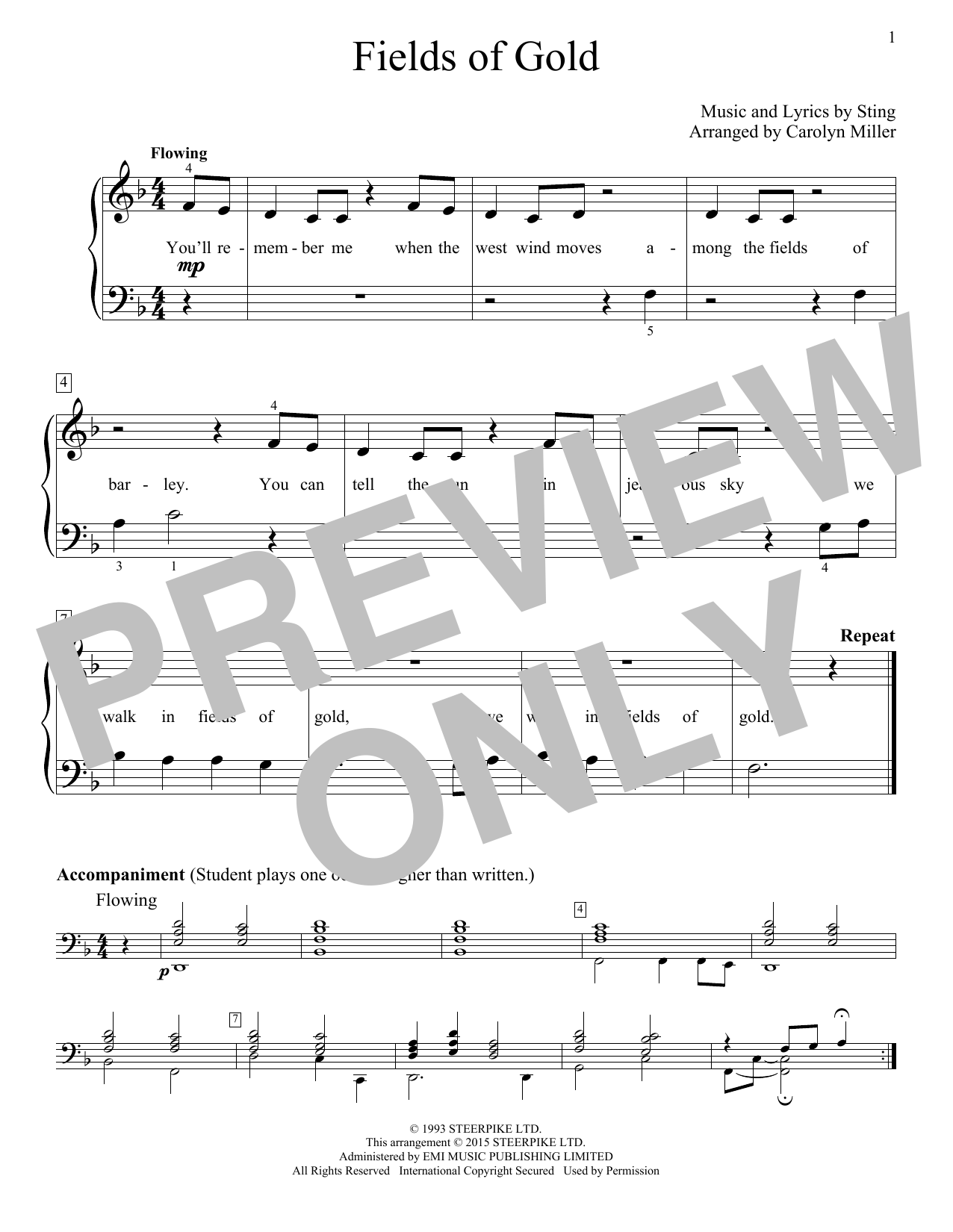Download Sting Fields Of Gold Sheet Music and learn how to play Easy Piano PDF digital score in minutes