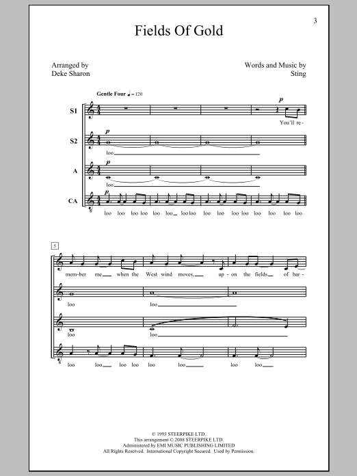 Download Sting Fields Of Gold (arr. Deke Sharon) Sheet Music and learn how to play SSA PDF digital score in minutes