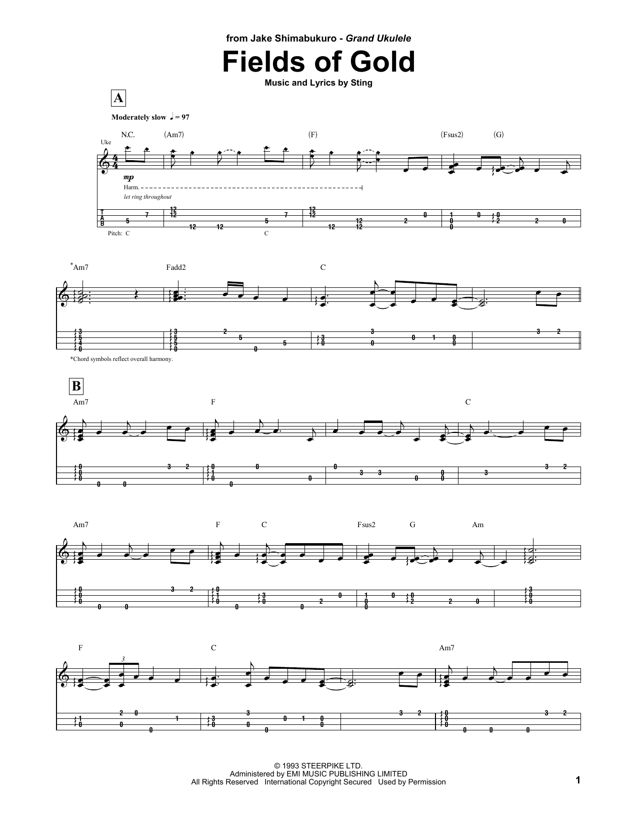 Download Jake Shimabukuro Fields Of Gold Sheet Music and learn how to play UKETAB PDF digital score in minutes