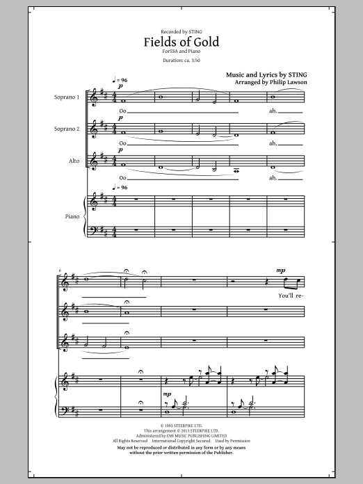 Download Sting Fields Of Gold (arr. Philip Lawson) Sheet Music and learn how to play SSA PDF digital score in minutes