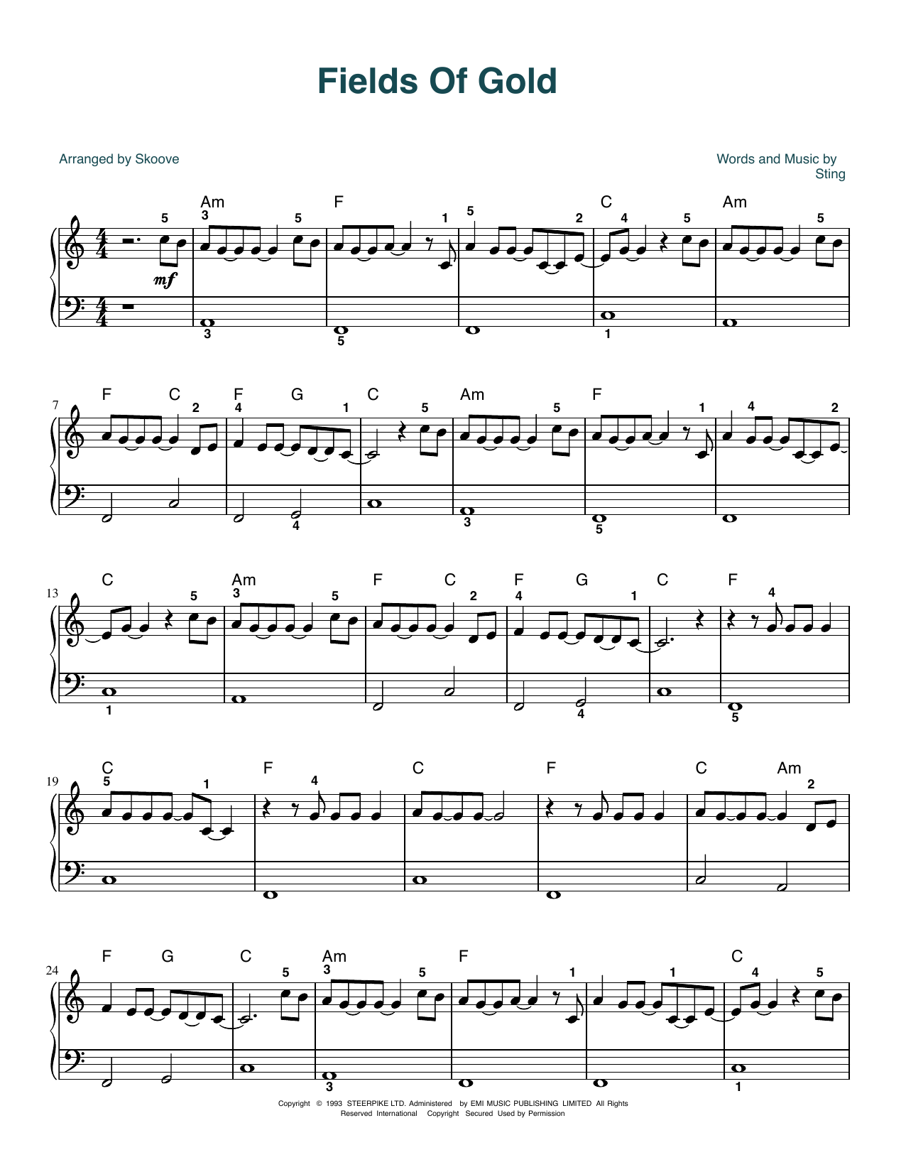 Download Sting Fields Of Gold (arr. Skoove) Sheet Music and learn how to play Easy Piano PDF digital score in minutes