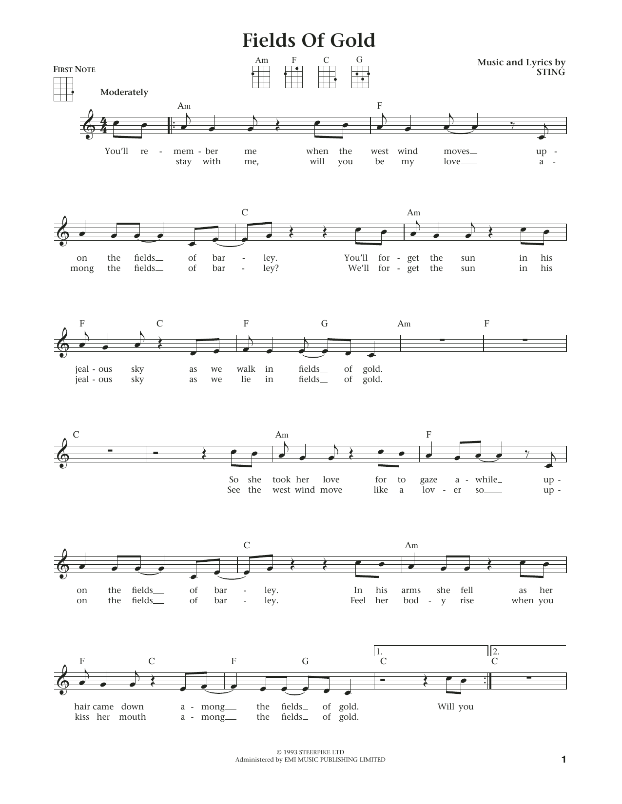 Download Sting Fields Of Gold Sheet Music and learn how to play Ukulele PDF digital score in minutes