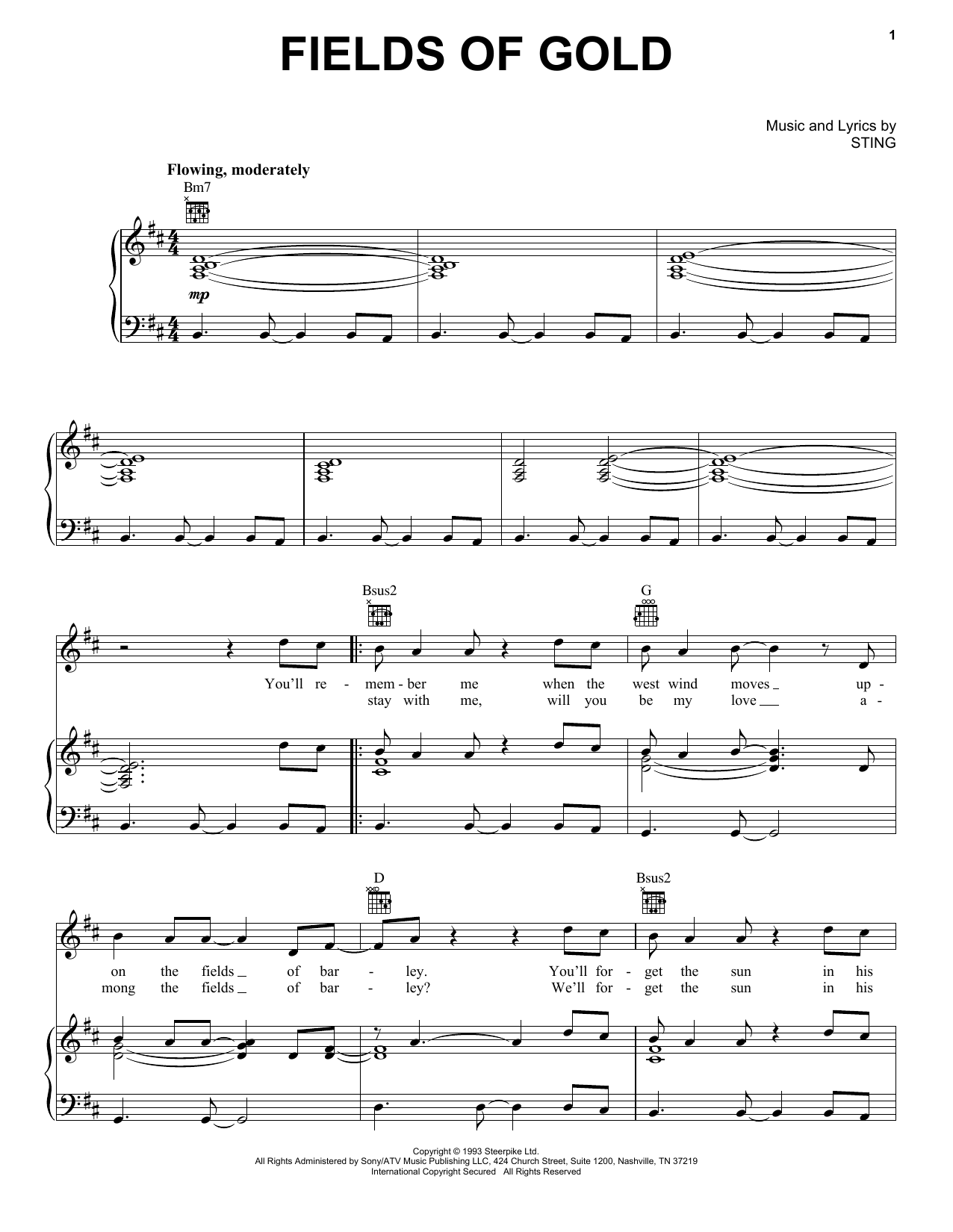Download Sting Fields Of Gold Sheet Music and learn how to play Piano, Vocal & Guitar (Right-Hand Melody) PDF digital score in minutes