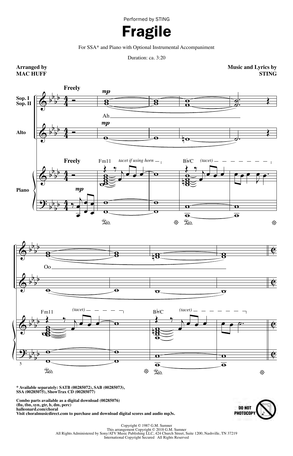 Download Sting Fragile (arr. Mac Huff) Sheet Music and learn how to play SATB Choir PDF digital score in minutes